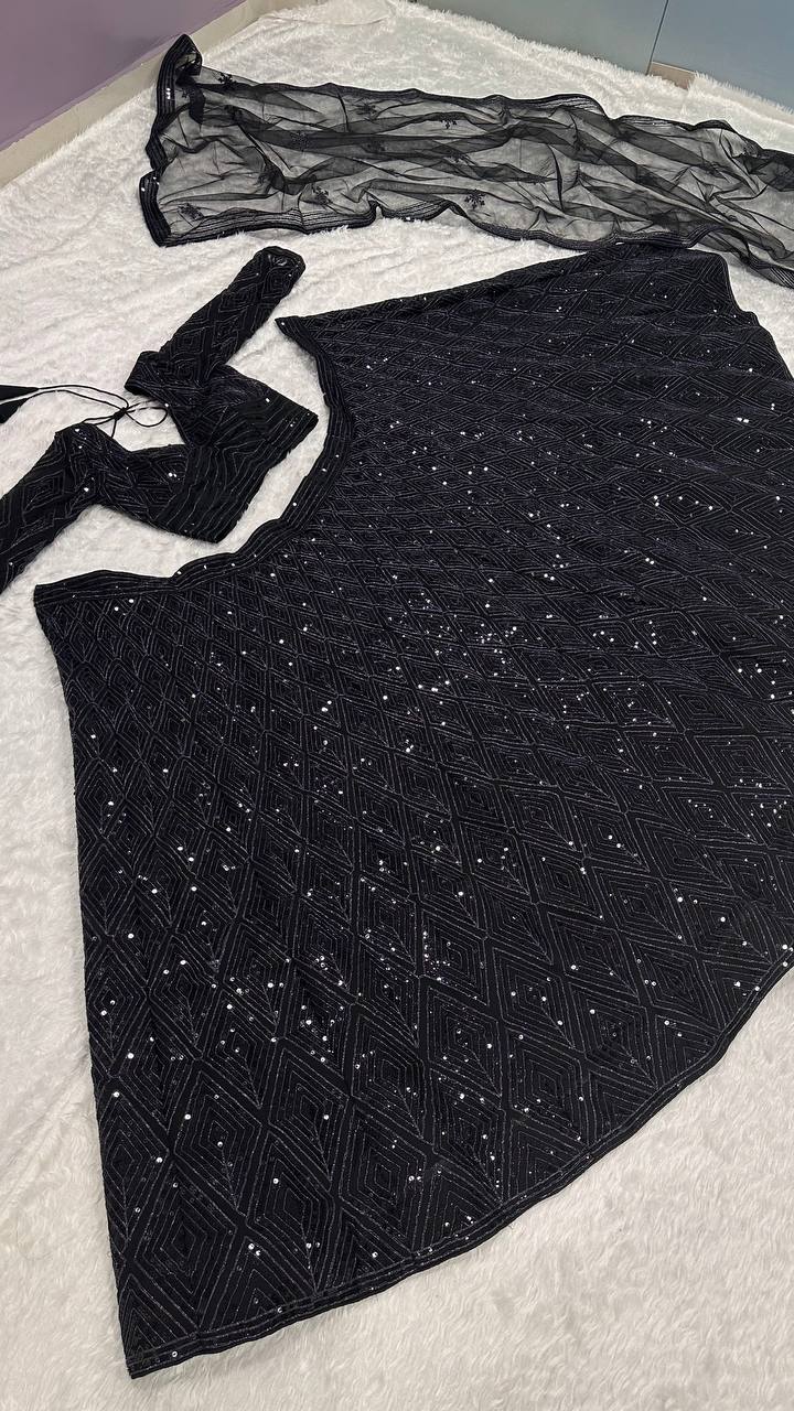 Ceremony Wear Black Color Georgette Lehenga With Sequins And Dori Work Designer Lehenga Choli