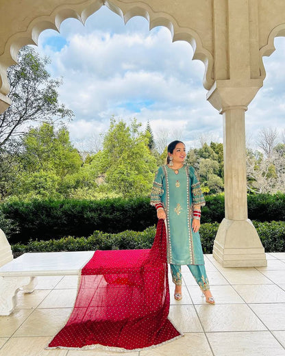 Fashionable Organza Hand Work Sky Blue Color Palazzo Suit