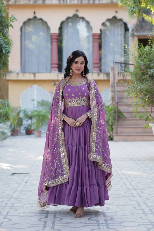 Fantastic Georgette Purple Color Lace Work Gown
