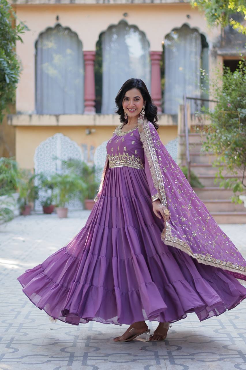 Fantastic Georgette Purple Color Lace Work Gown