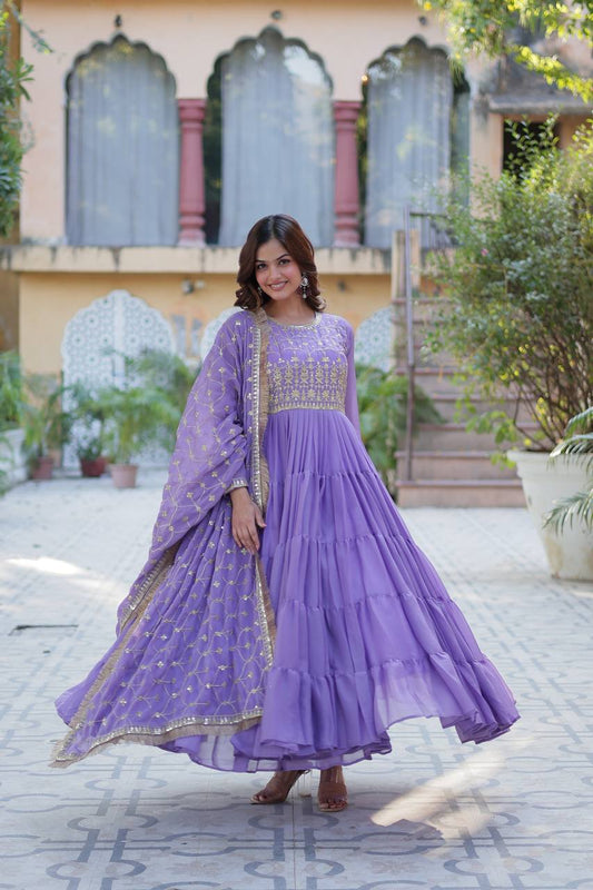Fantastic Georgette Lavender Color Lace Work Gown