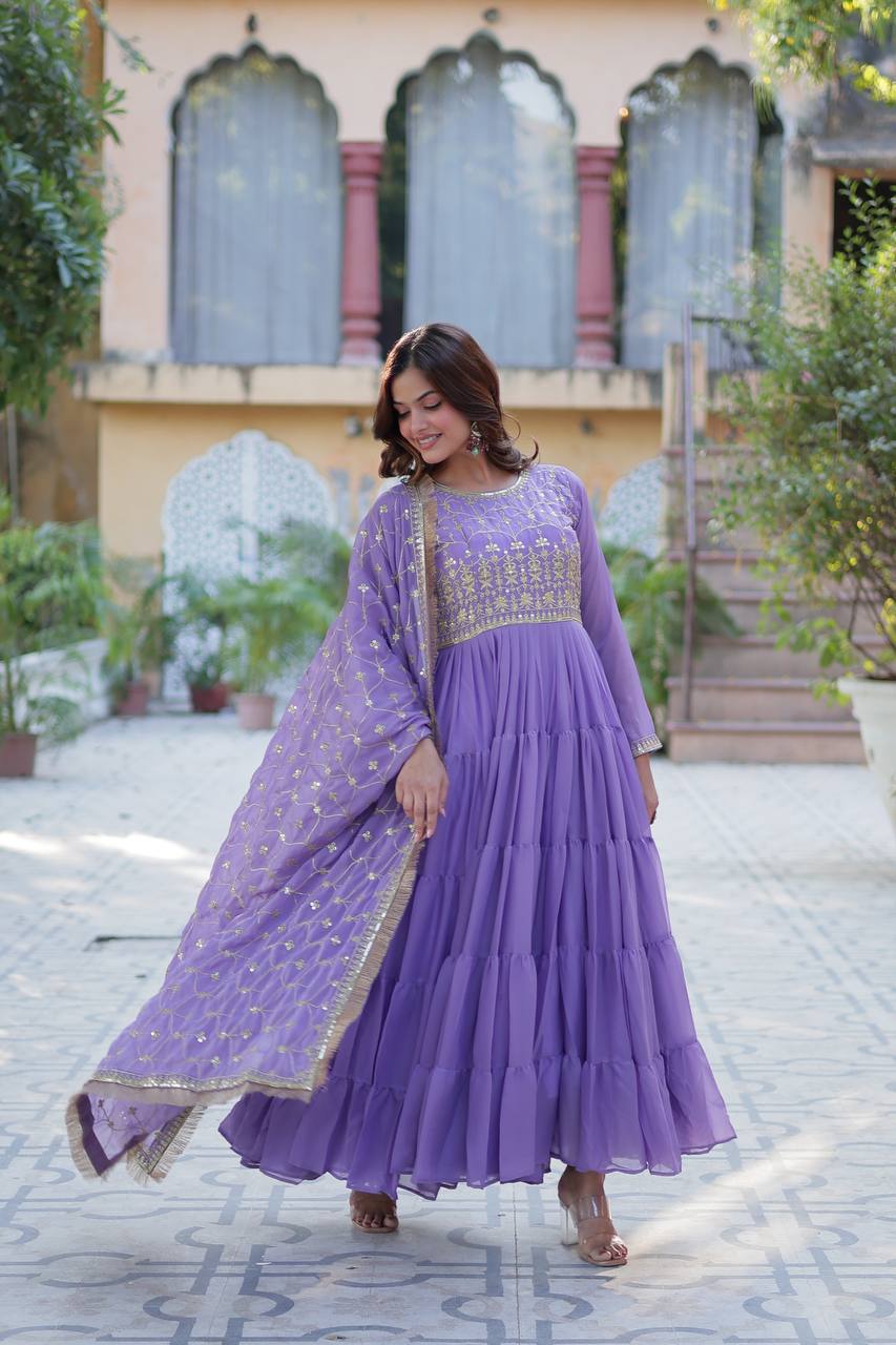 Fantastic Georgette Lavender Color Lace Work Gown