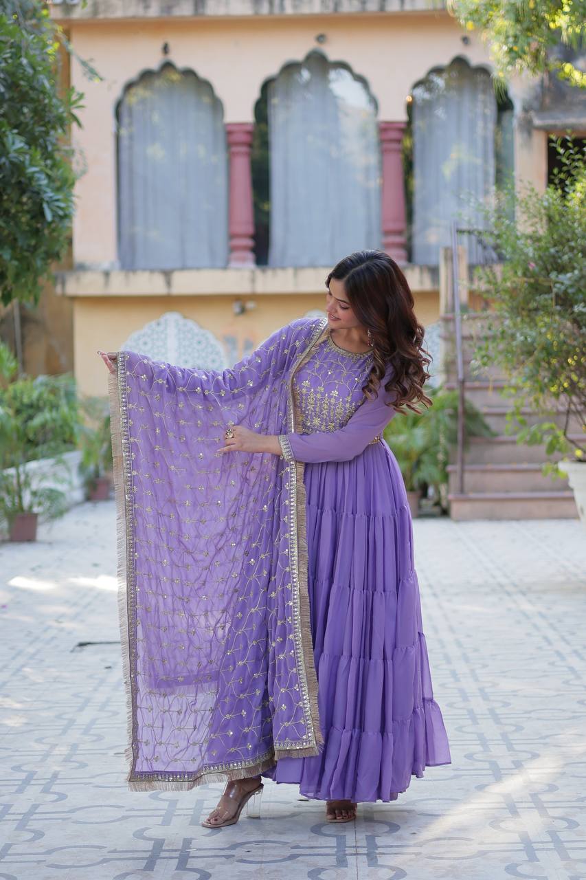 Fantastic Georgette Lavender Color Lace Work Gown