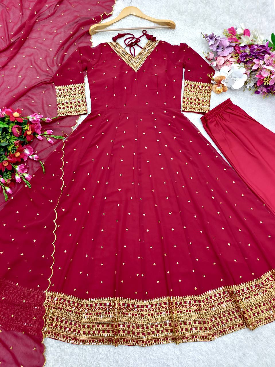 Outstanding Sequence Work Red Color Gown With Dupatta