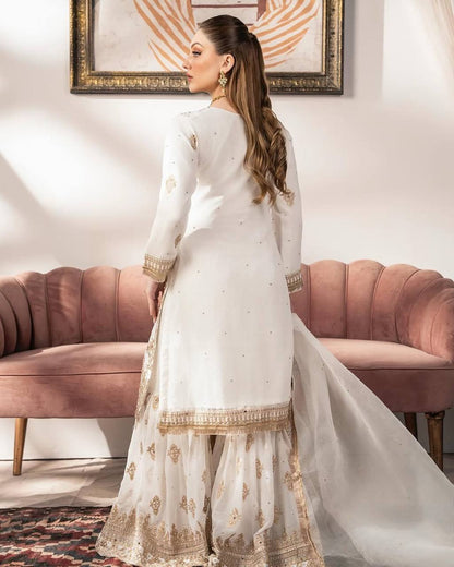 Luxuriant Georgette White Color Sharara Suit