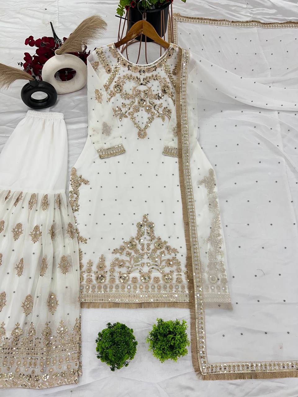 Luxuriant Georgette White Color Sharara Suit