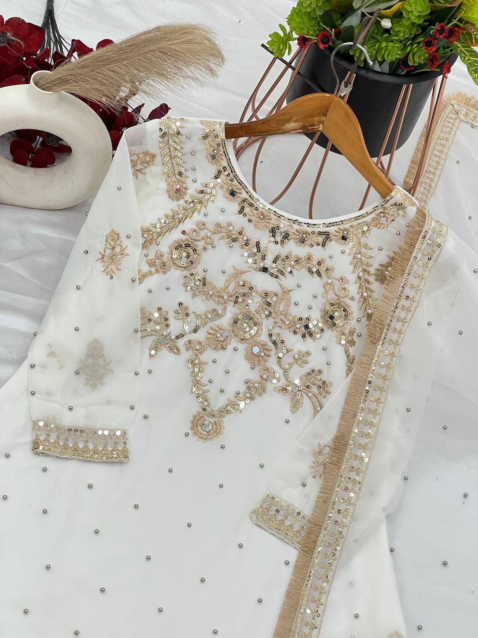 Luxuriant Georgette White Color Sharara Suit