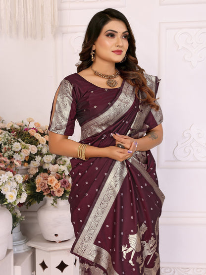 Pattern Wedding & Party Wear Kochi Silk Wine Color Saree