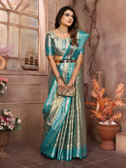 Awesome Tissue Silk Teal Blue Color Saree