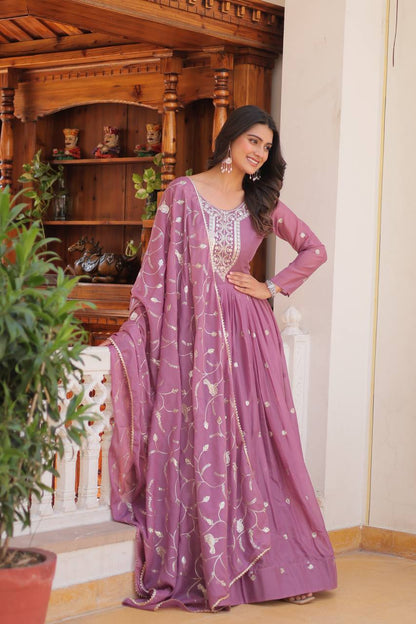 Look  Designer Sequence Embroidery Work Pink Color Long Gown With Dupatta