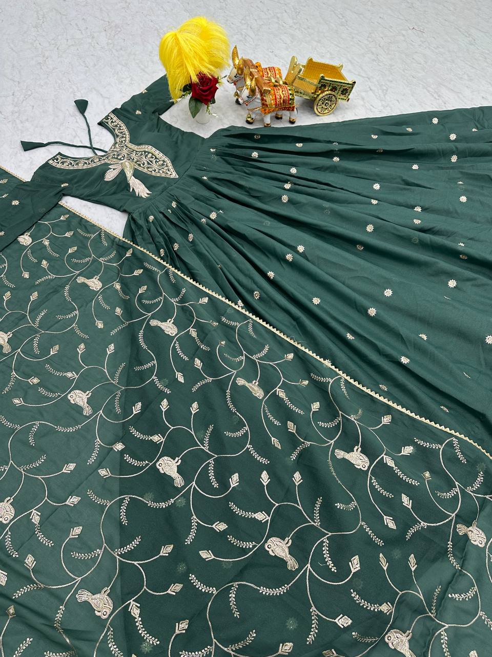 Look  Designer Sequence Embroidery Work Teal Green Color Long Gown With Dupatta