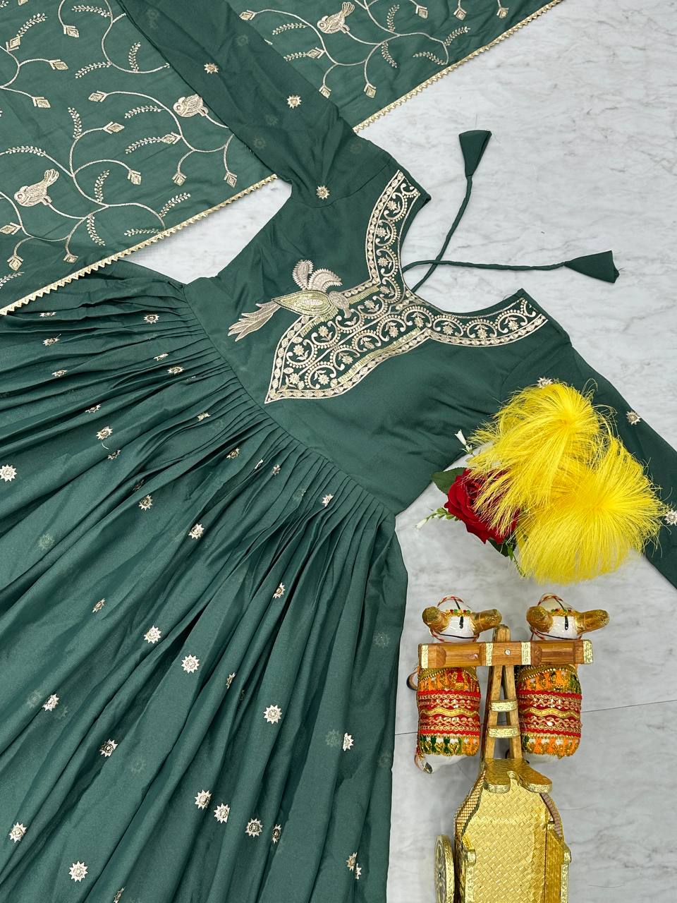 Look  Designer Sequence Embroidery Work Teal Green Color Long Gown With Dupatta