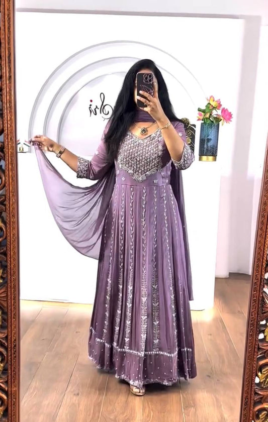 Look  Designer Thread & Sequence Work Lavender Color Gown With Dupatta