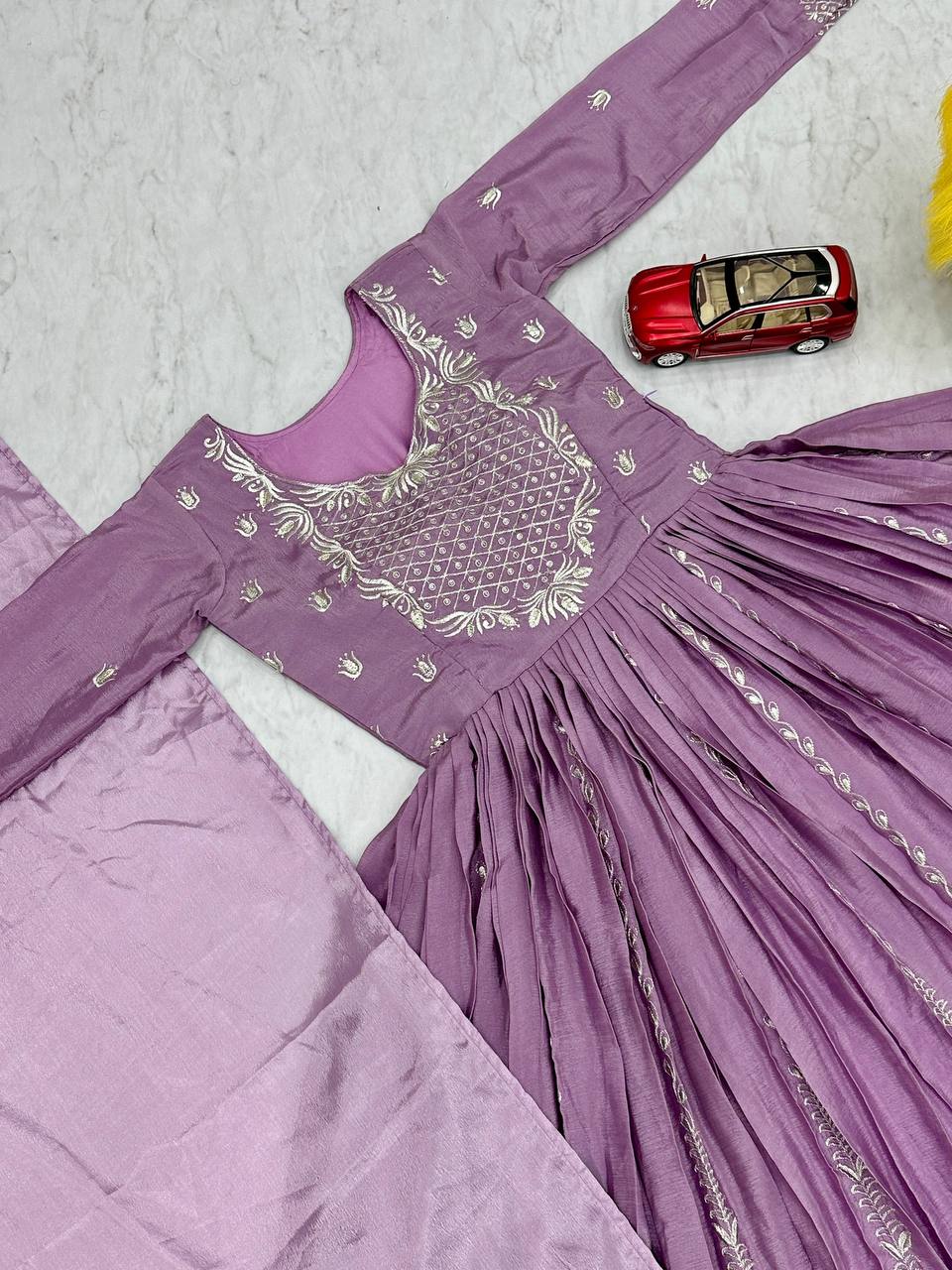 Look  Designer Thread & Sequence Work Lavender Color Gown With Dupatta