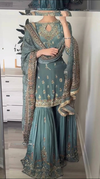 Preferable Sequence Work Teal Blue Color Top Palazzo With Dupatta