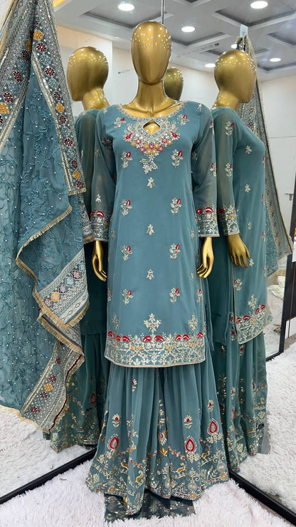 Preferable Sequence Work Teal Blue Color Top Palazzo With Dupatta