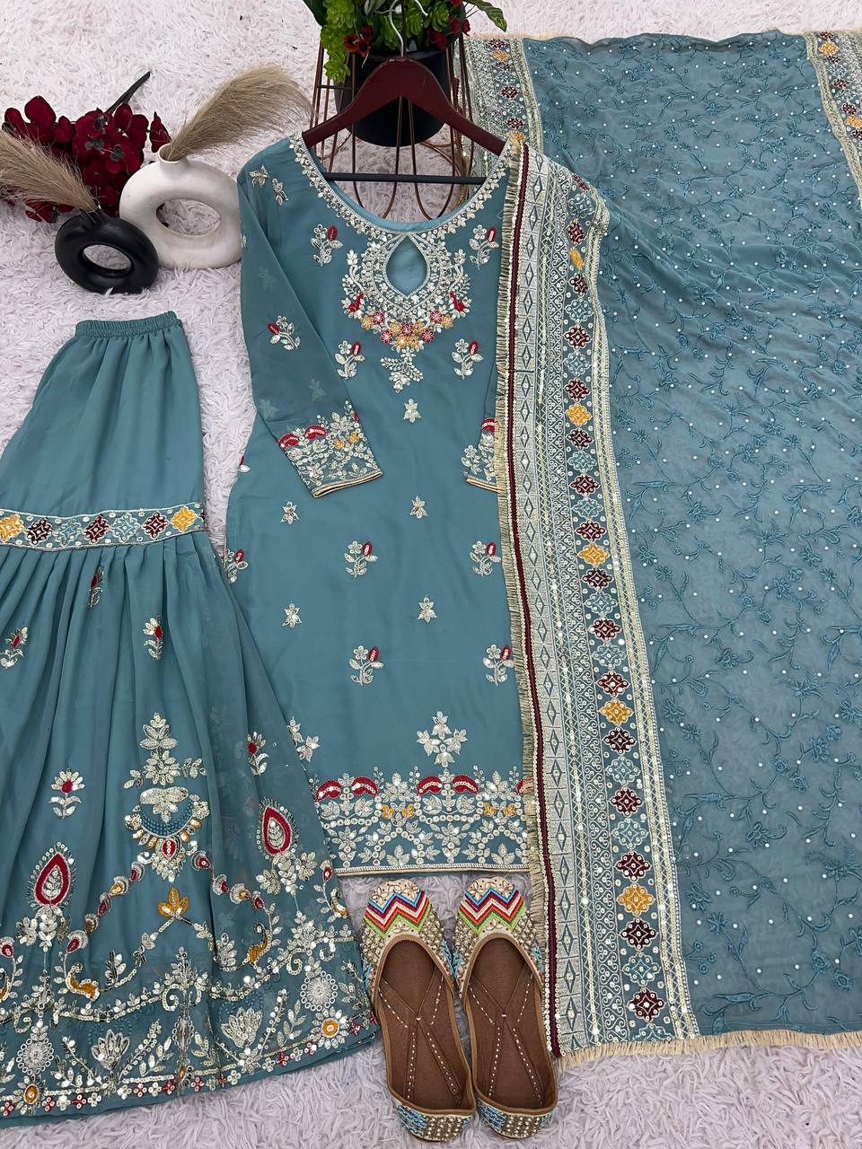 Preferable Sequence Work Teal Blue Color Top Palazzo With Dupatta