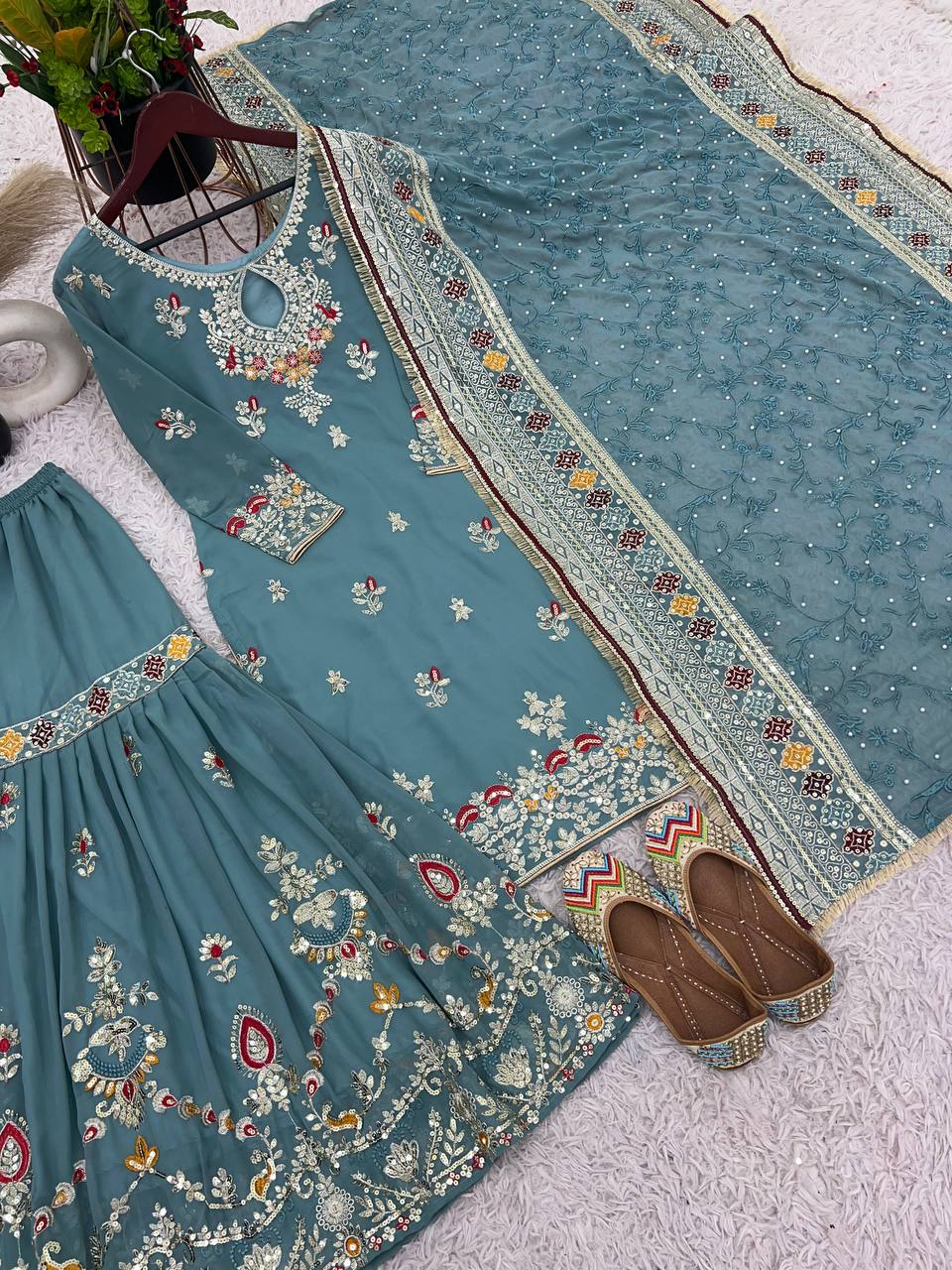 Preferable Sequence Work Teal Blue Color Top Palazzo With Dupatta