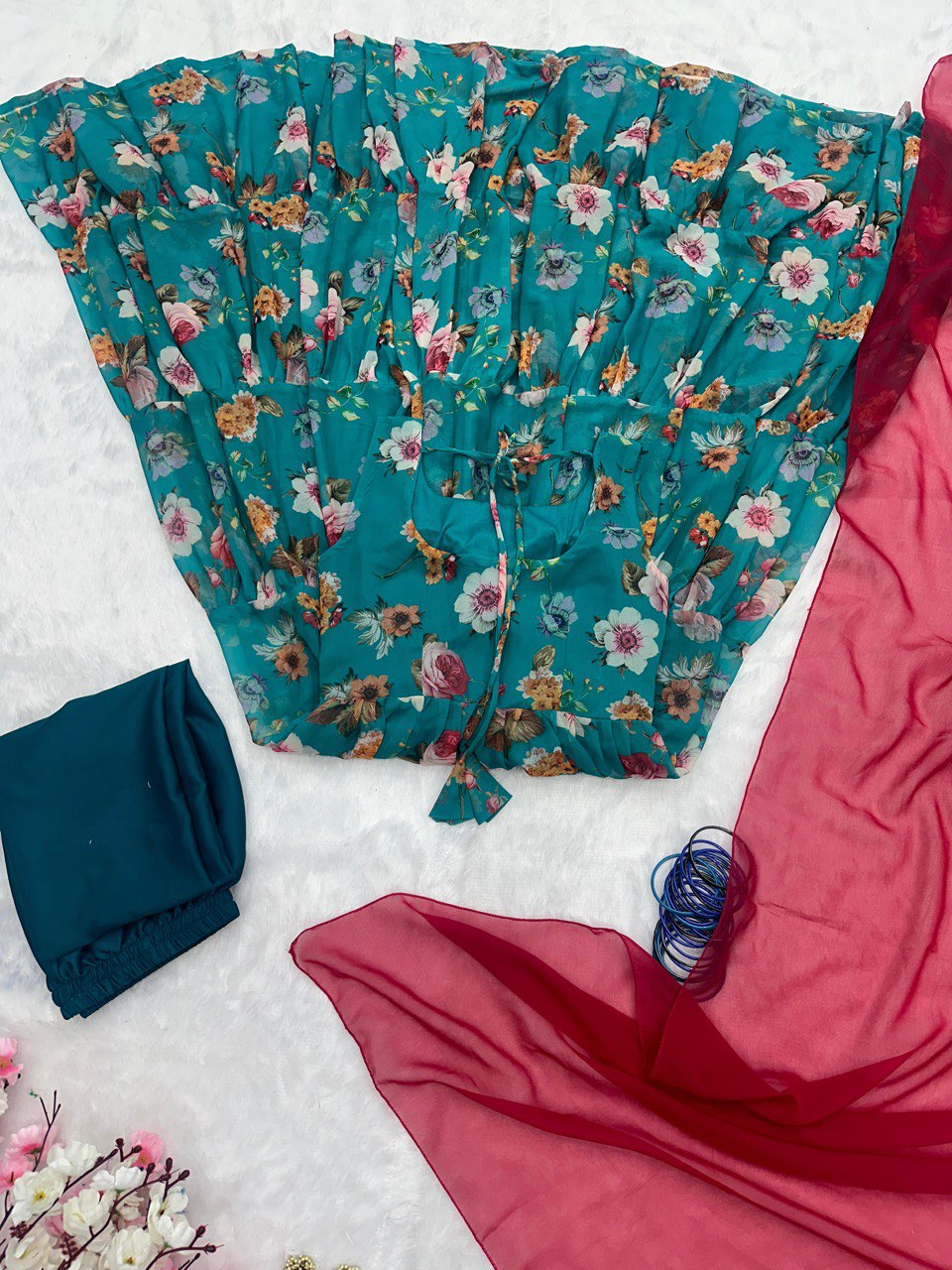 Captivating Flower Print Blue Color Anarkali Suit