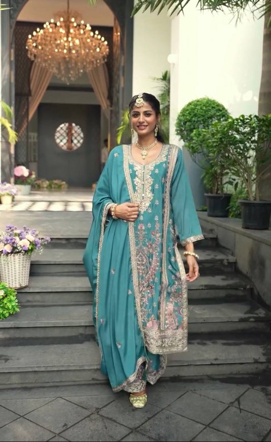 Pattern Wedding & Party Wear Sequence Work Blue Color Sharara Suit