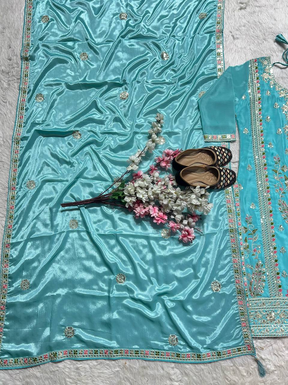 Pattern Wedding & Party Wear Sequence Work Blue Color Sharara Suit