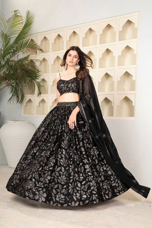Outstanding Heavy Sequins Work Black Color Lehenga Choli