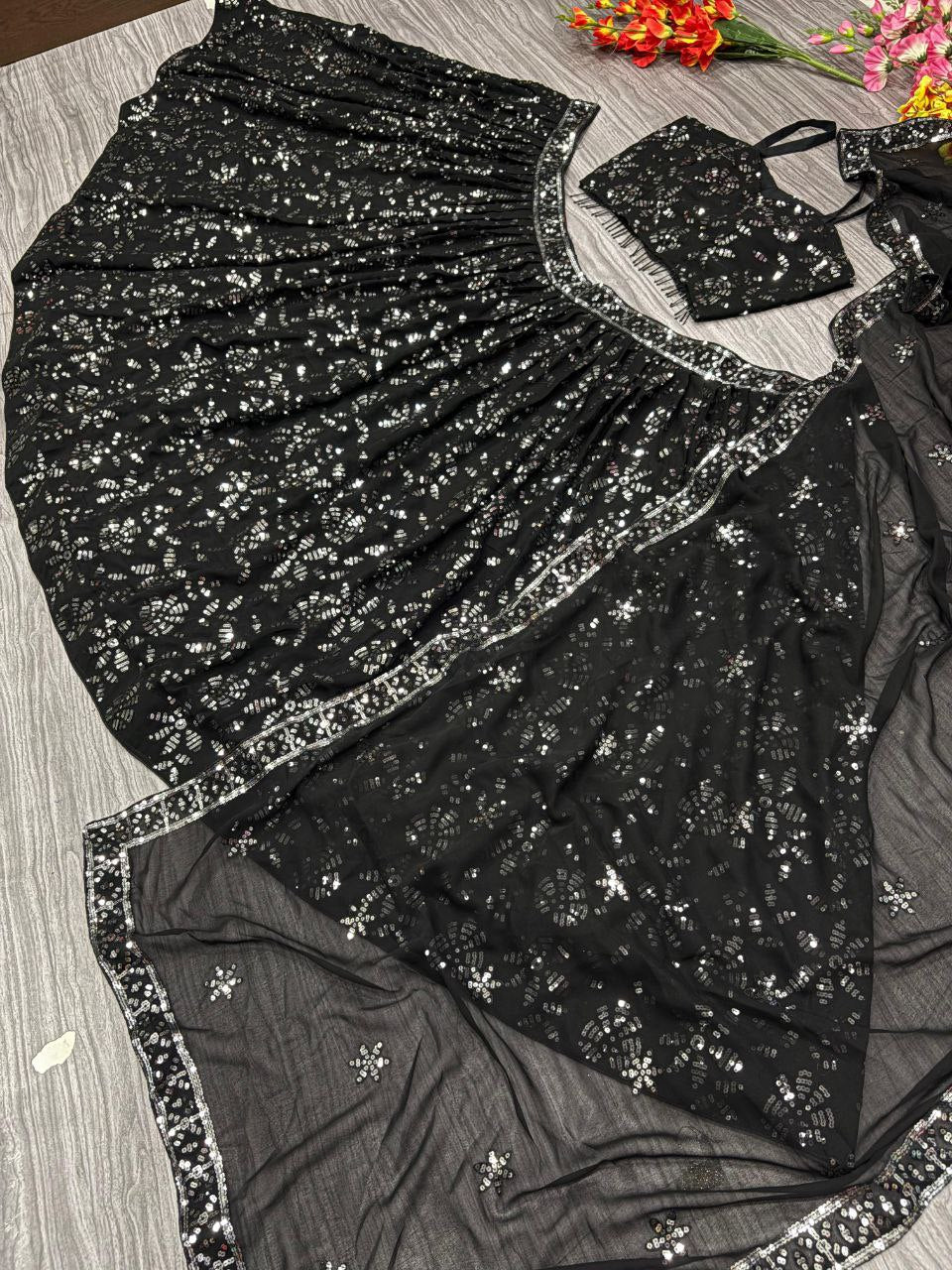 Outstanding Heavy Sequins Work Black Color Lehenga Choli