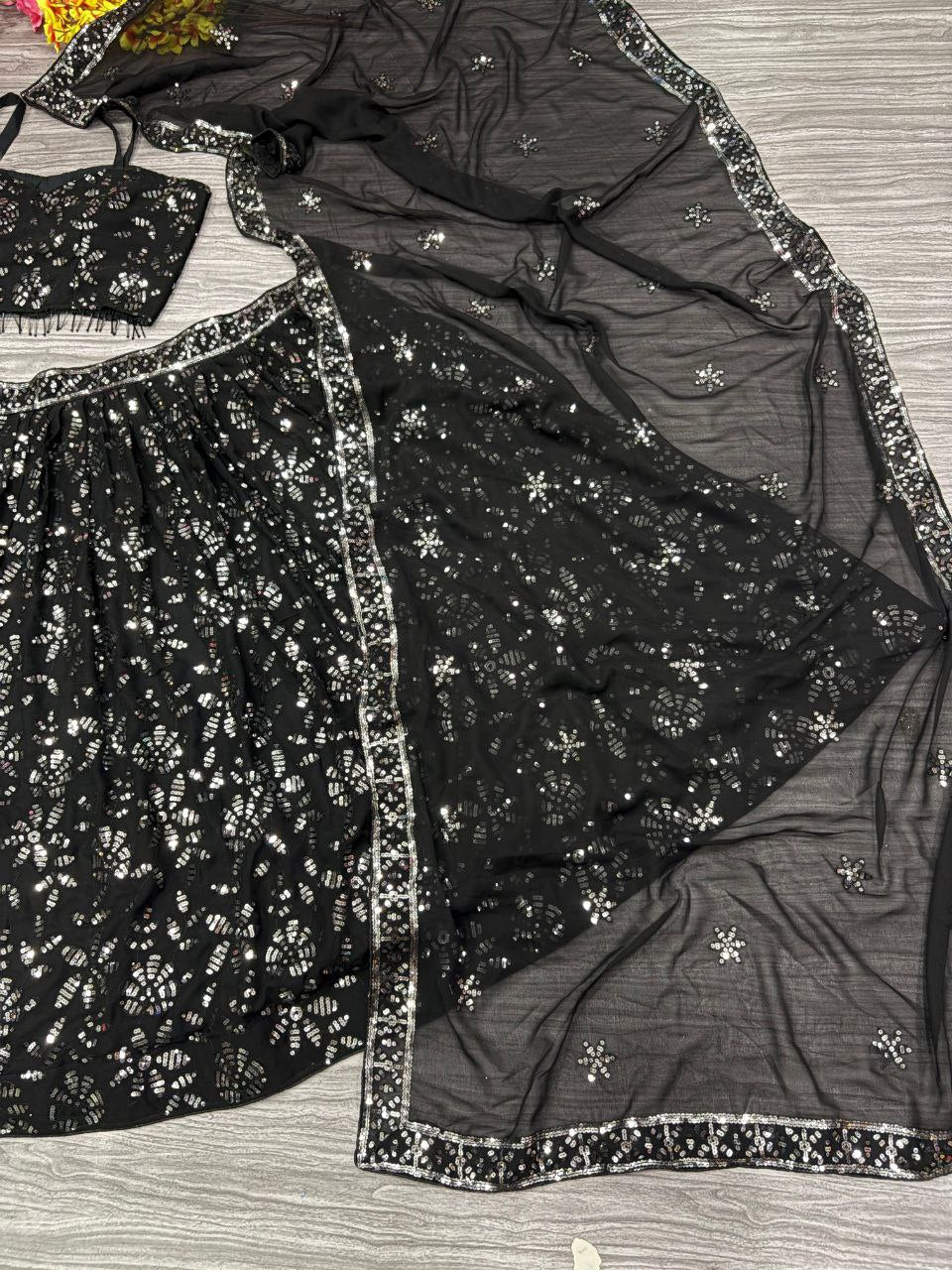 Outstanding Heavy Sequins Work Black Color Lehenga Choli