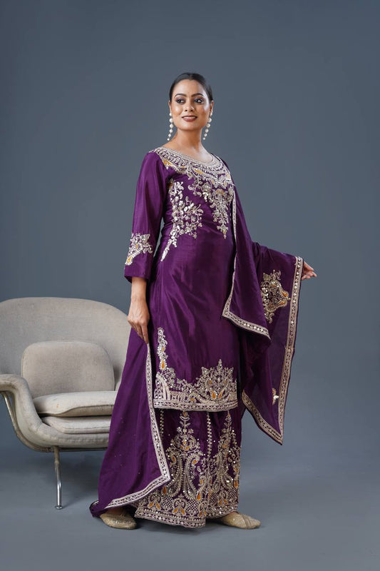 Mesmerizing  Embroidery And Sequence Work Purple Color Sharara Suit