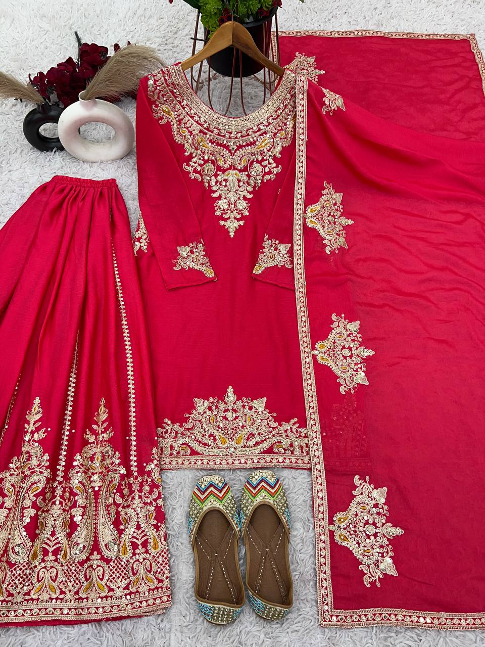Mesmerizing  Embroidery And Sequence Work Pink Color Sharara Suit