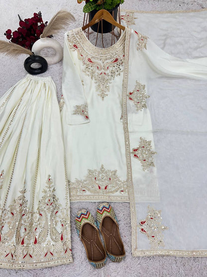 Mesmerizing  Embroidery And Sequence Work White Color Sharara Suit