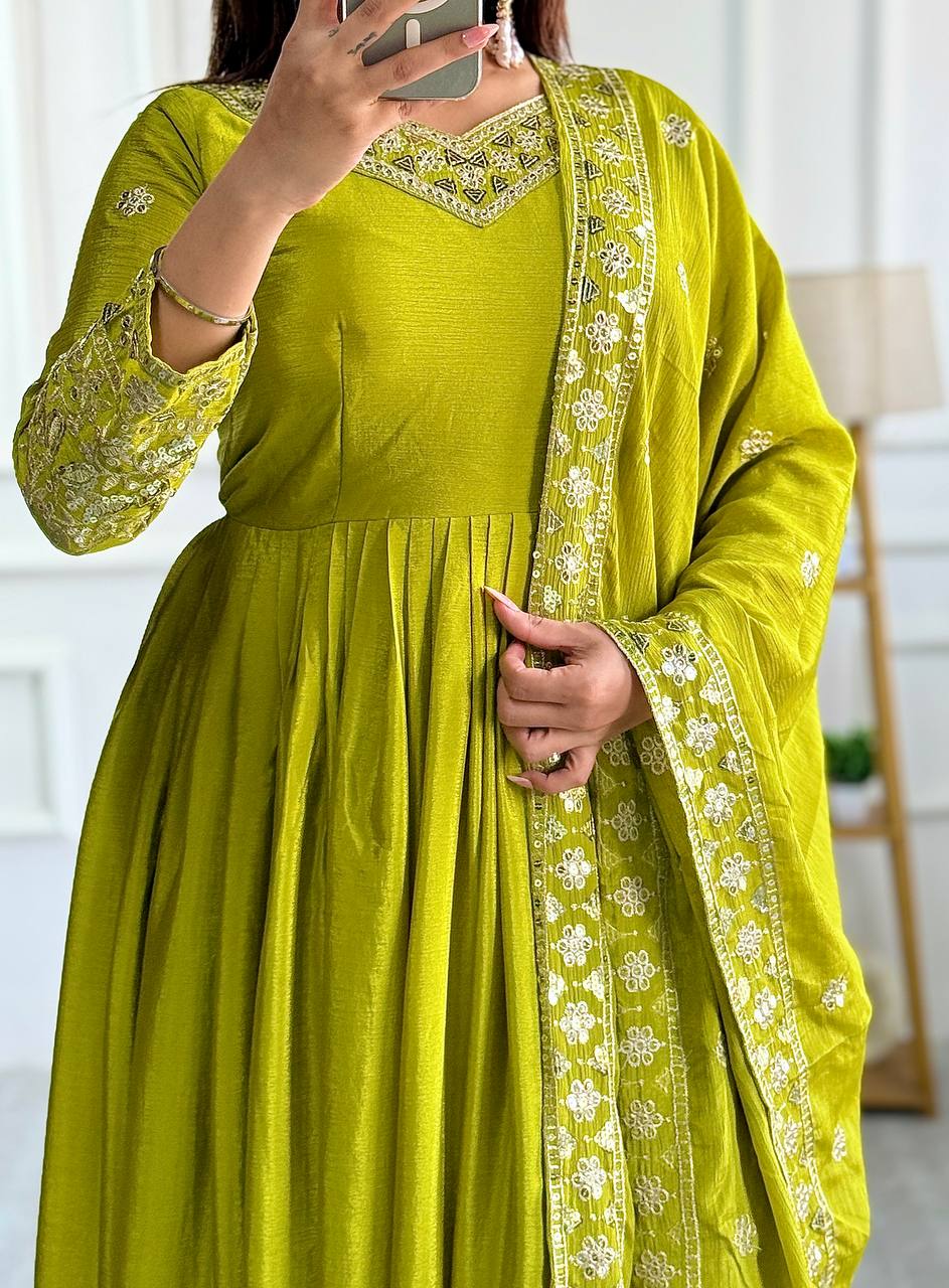 Imposing Chinon Silk Sequence Work Perrot Color Gown