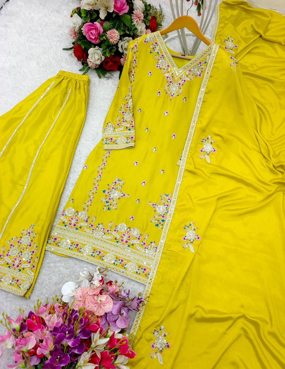 Demanding Embroidery 5mm Work Yellow Color Sharara Suit