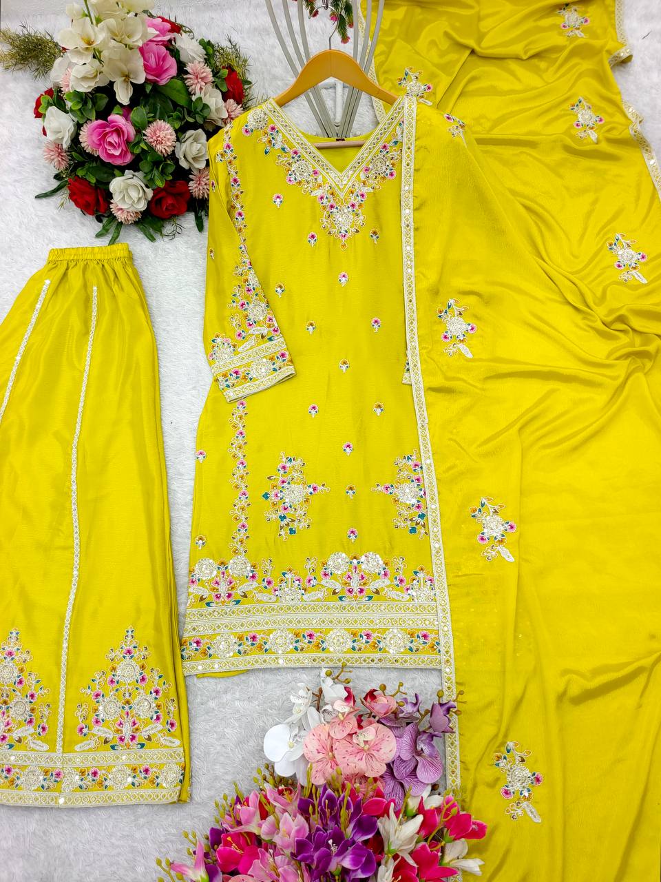 Demanding Embroidery 5mm Work Yellow Color Sharara Suit