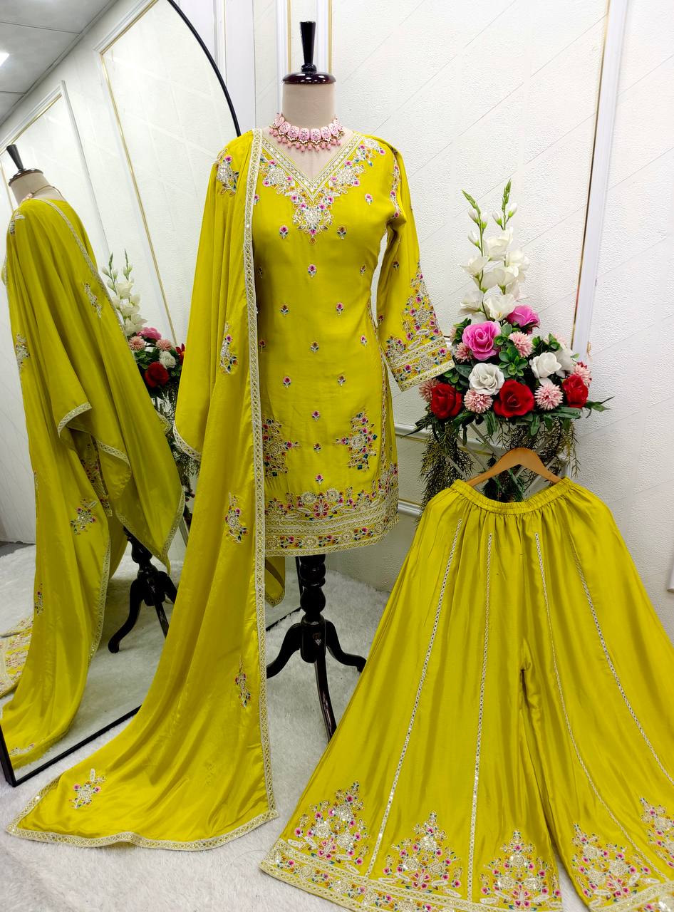 Demanding Embroidery 5mm Work Yellow Color Sharara Suit