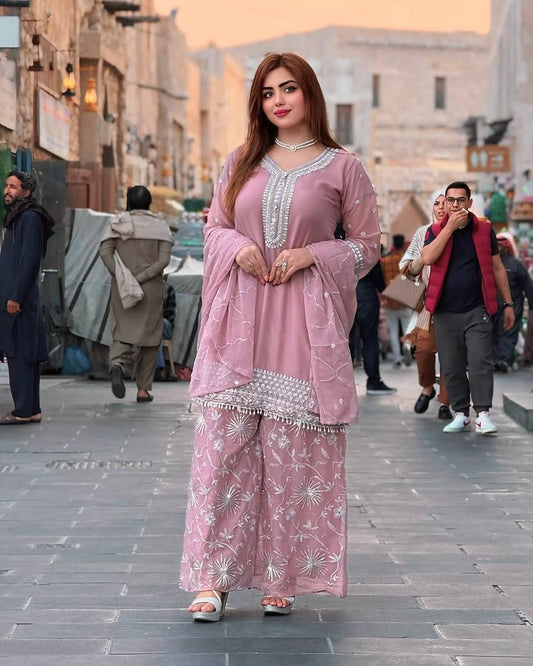 Glimmering Sequence Work Light Pink Color Top Palazzo With Dupatta Set
