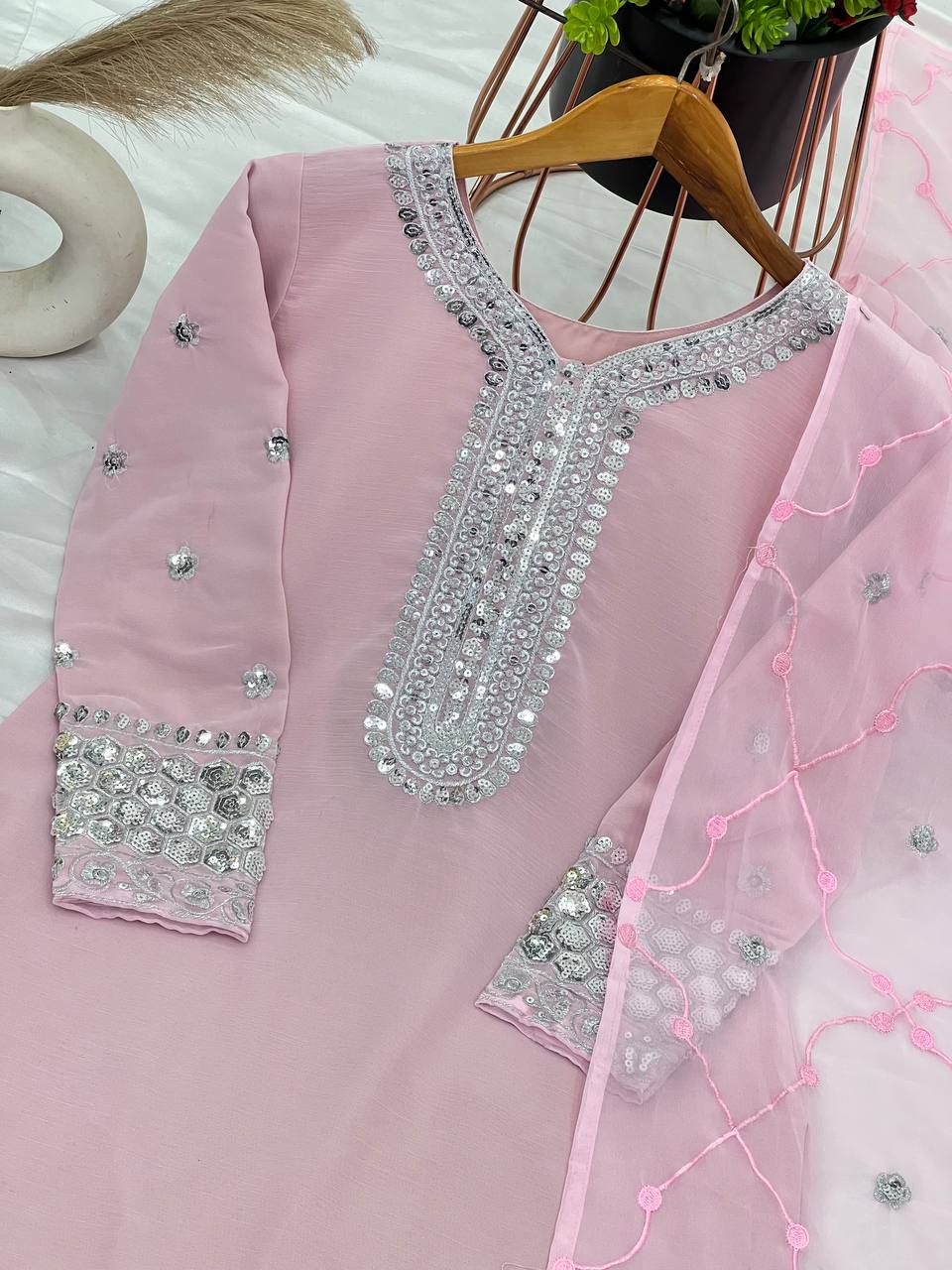 Glimmering Sequence Work Light Pink Color Top Palazzo With Dupatta Set