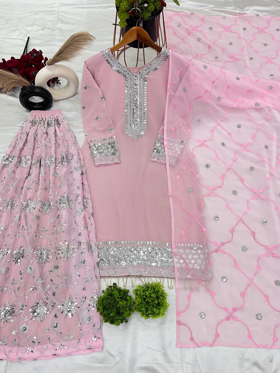 Glimmering Sequence Work Light Pink Color Top Palazzo With Dupatta Set