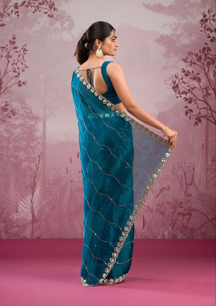Good Looking Glitter Dori Work Blue Color Designer Saree