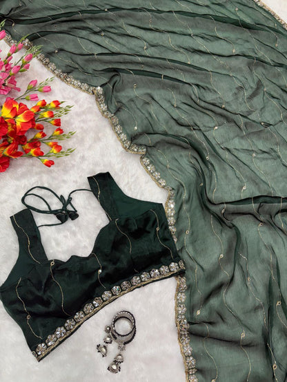 Good Looking Glitter Dori Work Green Color Designer Saree