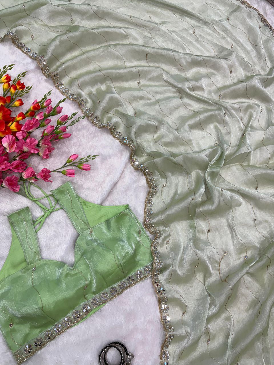 Good Looking Glitter Dori Work Parrot Color Designer Saree