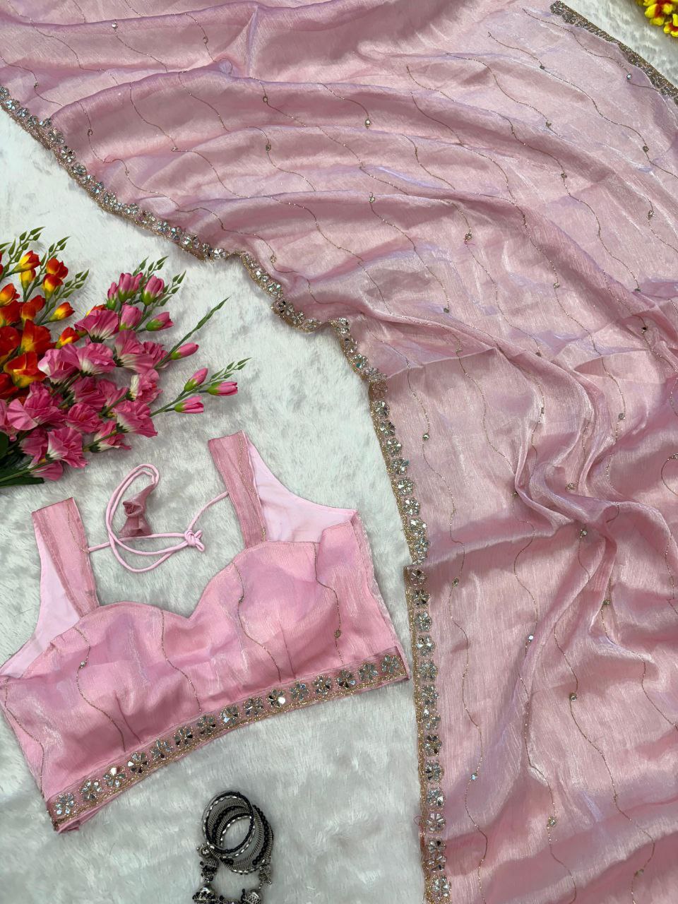 Good Looking Glitter Dori Work Pink Color Designer Saree