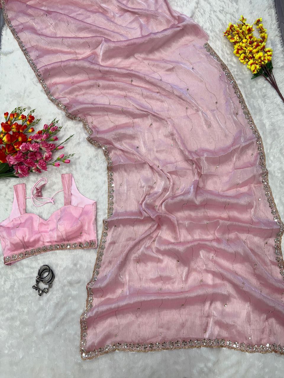 Good Looking Glitter Dori Work Pink Color Designer Saree