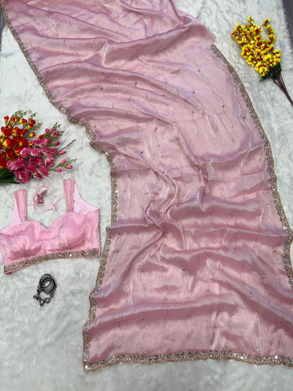 Good Looking Glitter Dori Work Pink Color Designer Saree