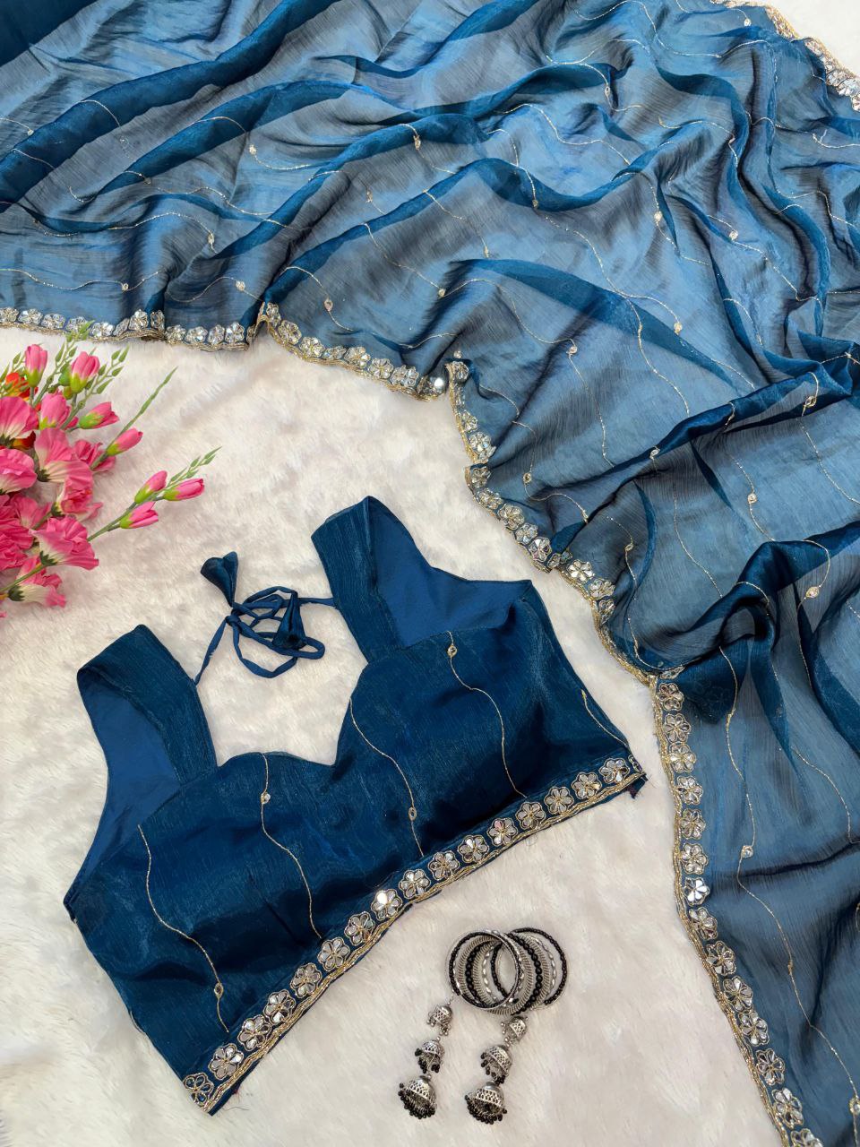 Good Looking Glitter Dori Work Blue Color Designer Saree