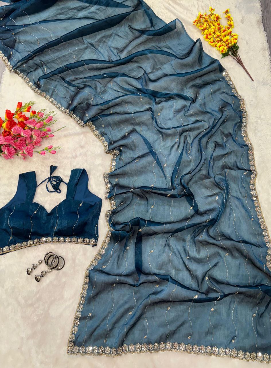 Good Looking Glitter Dori Work Blue Color Designer Saree