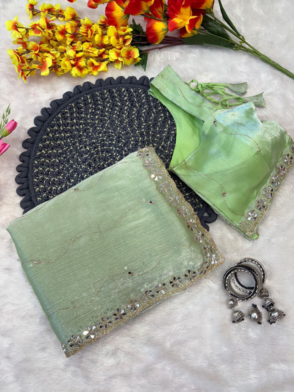 Good Looking Glitter Dori Work Parrot Color Designer Saree