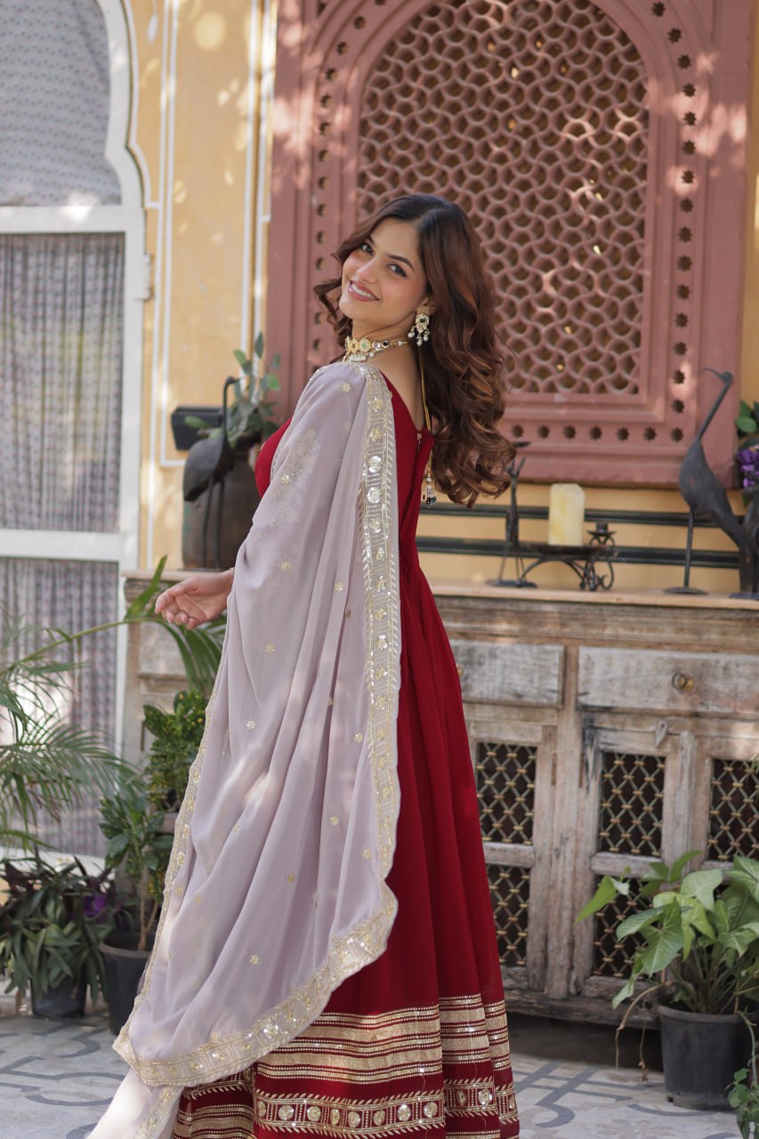 Outstanding Sequins Work Red Color Gown With Dupatta