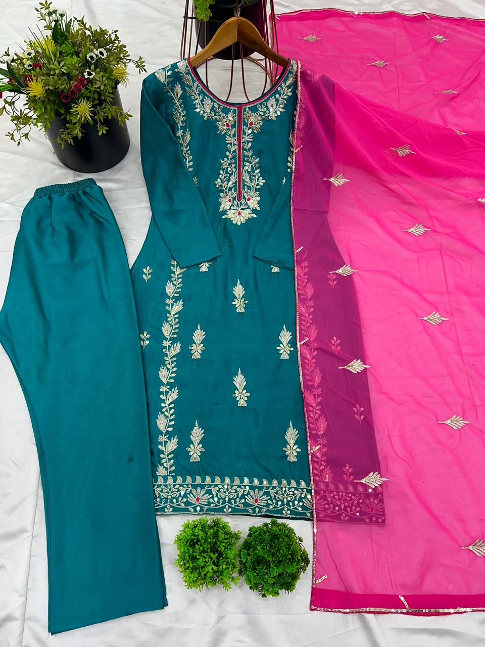 Good Looking Heavy Embroidery Sequence Work Teal Blue Color Salwar Suit