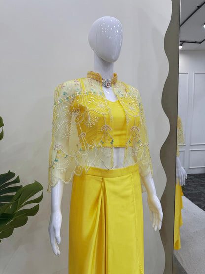 Party Wear Natural Crep Lemon Color DHoti Suit With Koti